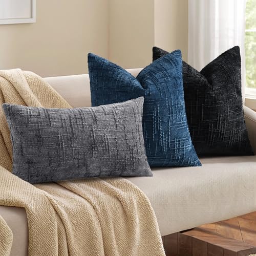 decorUhome Textured Chenille Throw Pillow Covers 18x18 Set of 2 Black