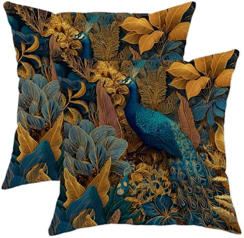 Elegant Peacock Throw Pillow Covers Set of 2, Teal and Gold Tropical