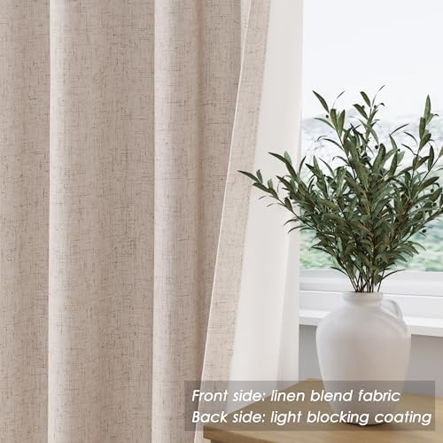 Oatmeal Linen 100% Black Out Curtains 108 Inches Long 2 Panels Set for