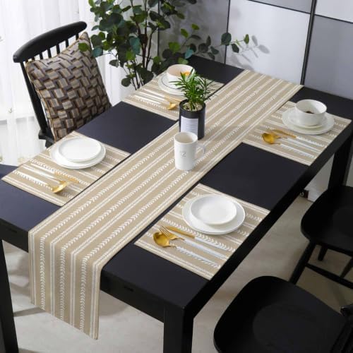 Muted Tones Table Runner and Placemats Set of 4 Taupe Leafy Stripes