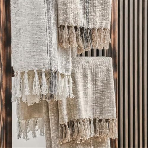 Pemberly Row Cotton Linen Throw Blanket, 50"x70", Ivory/Gray