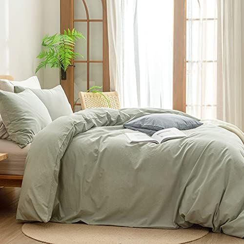 BESTOUCH Cotton Solid Duvet Cover Set Linen Feel Sage Green California