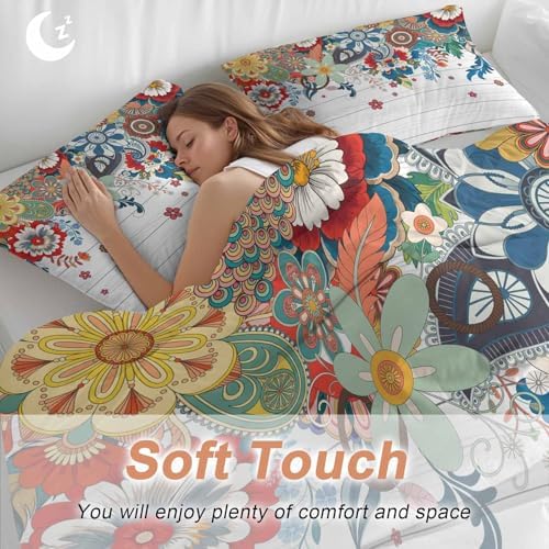 Boho Flowers Bedding Full Duvet Cover Set, 3 Piece Microfiber Soft