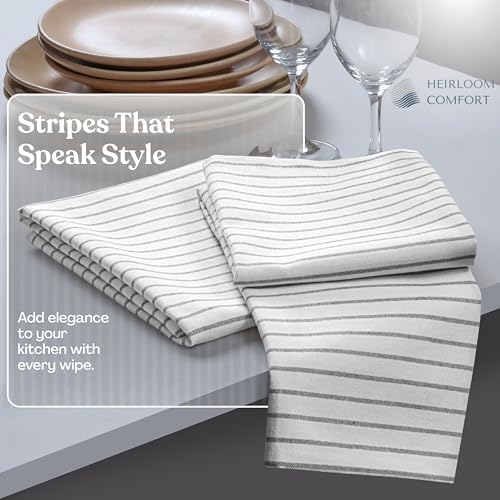 Ash Grey Striped Dish Towels 12 Pack, Ultra Absorbent, Classic Stripe