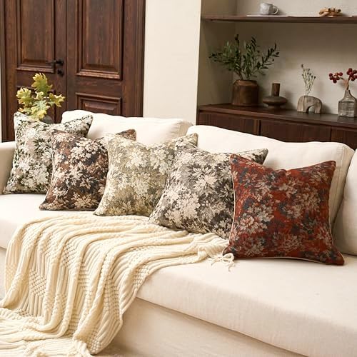 Yangest Neutral Floral Pillow Cover 20 x 20 Inches, Vintage Chenille