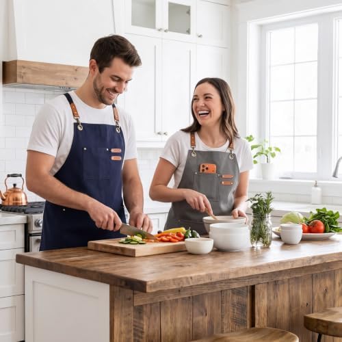 Chef Aprons for Men Women, 16oz Cotton Canvas Cross Back, 3 Pockets