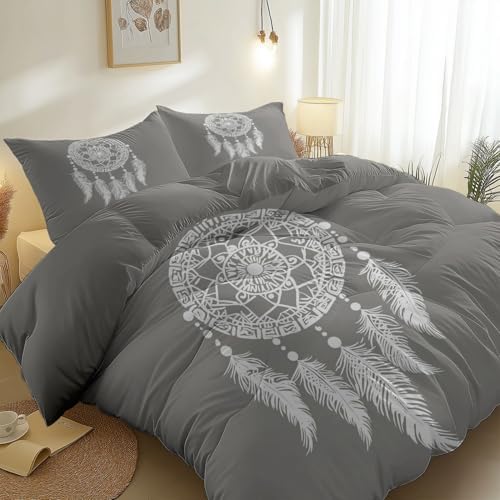 3-Piece Duvet Covers Set Full Bohemia White Dream Catcher Gray – Soft