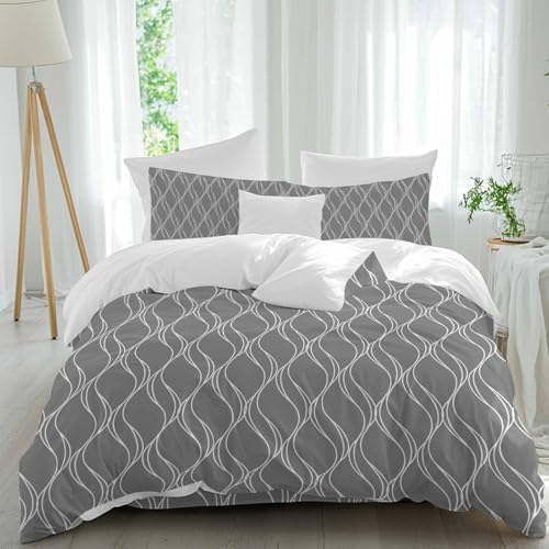 Wavy Lines Duvet Cover Set, Abstract Minimalist Pattern Gray Soft
