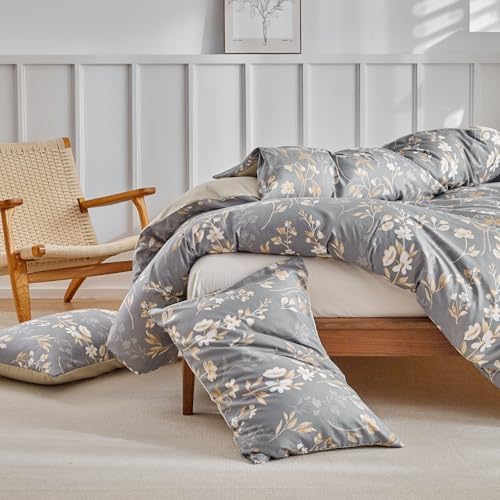Lekesky Reversible Duvet Cover King Size, Grey with Gold Floral