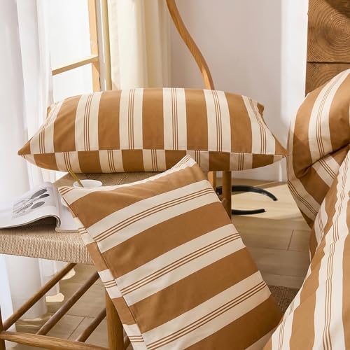 Merryword Khaki Striped Duvet Cover Set King Size, 100% Cotton Bedding