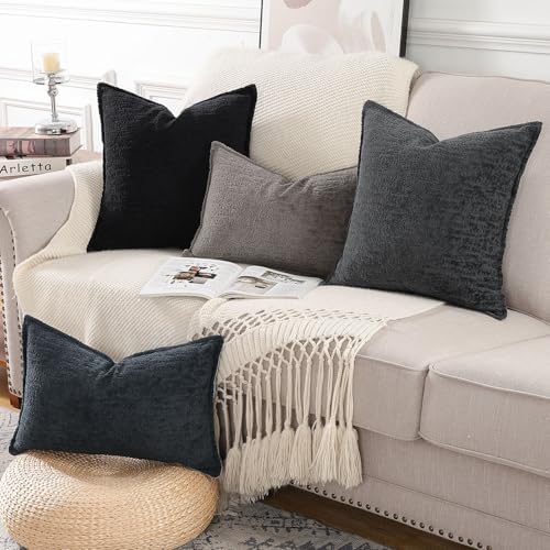 MADIZZ Pack of 2 Chenille Velvet Throw Pillow Covers 18x18 Inch Black