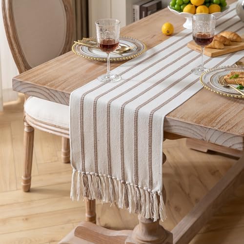 Caflife Boho Table Runner 60 Inchs Long Taupe and Beige, Cotton and