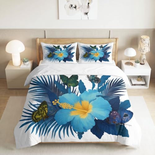 Queen Duvet Cover Set Jungle Animals and Floral Hibiscus Bedding Set