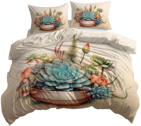 California King Duvet Cover Set Plants Succulents Cactus Bedding with