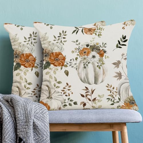 Fall Decor Pillow Covers 20x20 Inch Set of 2 Cream Pumpkin Floral