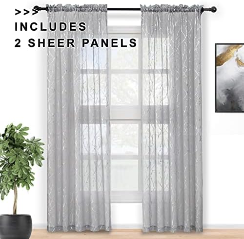 FINECITY Grey Sheer Curtains with Silver Branch W52 x L63 Inch, 2