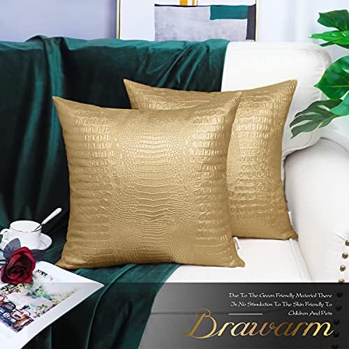BRAWARM Gold Faux Leather Pillow Covers 20x20, Embossed Crocodile