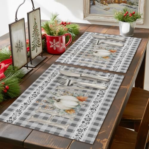 Grey Checked Placemats Set of 8, Cotton Linen Fabric Place Mats