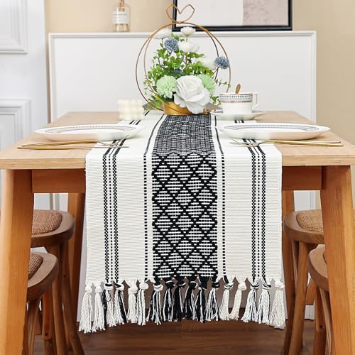 Off-White and Black Rustic Boho Table Runner with Tassels, Farmhouse