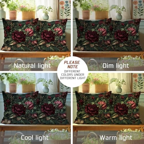 Vintage Floral Pillow Covers Set of 2, Dark Red Rose Botanical Throw