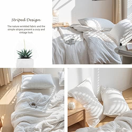 Simple&Opulence 100% Pure Linen Duvet Cover Set, 3Pcs Striped Washed