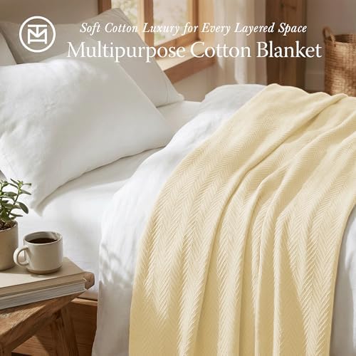 Threadmill Luxury 100% Cotton Queen Herringbone Blanket, Vanilla Cream