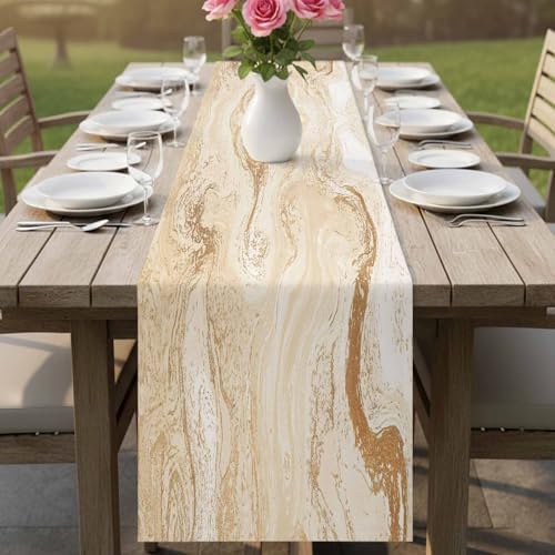 Beige Marble Burlap Cotton Table Runner 72 Inches Long, Chic Neutral
