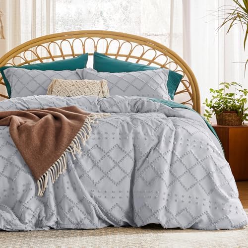 Bedsure Light Grey Boho Duvet Cover King, Soft Vintage Embroidery