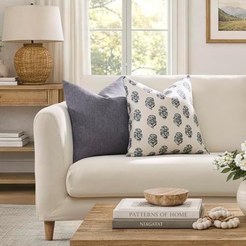 Meekio Floral Block Print Pillow Covers 18x18 Set of 2, Gray and White