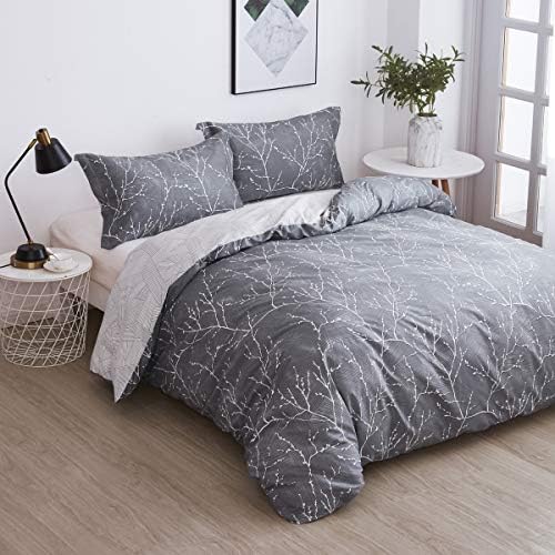 OAITE Queen Duvet Cover Set 3pcs 100% Cotton Grey Branch