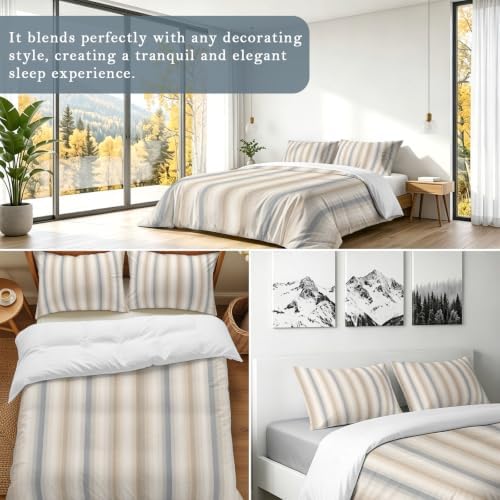 Brown Gray Striped Duvet Cover Set 3 Pieces with Zipper Closure