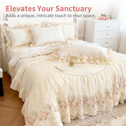French Chic Bedding Set 4-Piece - Romantic Lace Trim Washed Cotton