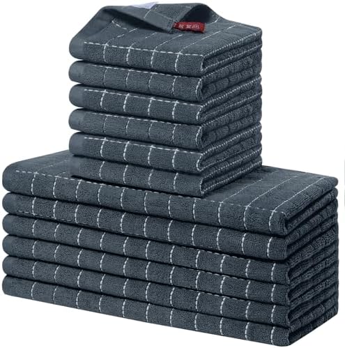 Homaxy Cotton Terry Kitchen Towels and Dishcloths Set of 12, Dark Grey
