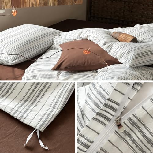 Striped Duvet Cover Set King Size 3PCS 100% Washed Cotton Minimalist