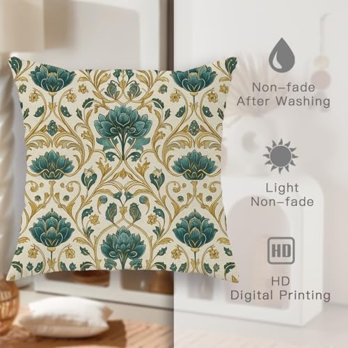 Vintage Floral Pillow Covers Set of 2, Teal and Gold Botanical Print