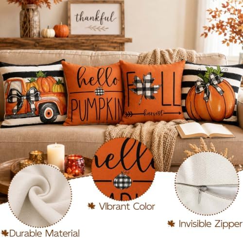 Fall Throw Pillow Covers for Home Strip Pumpkin Pillowcase 18x18 Set