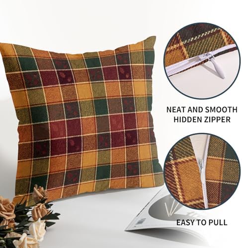 Fall Buffalo Plaid Throw Pillow Covers 22x22 Inch Orange Brown Green