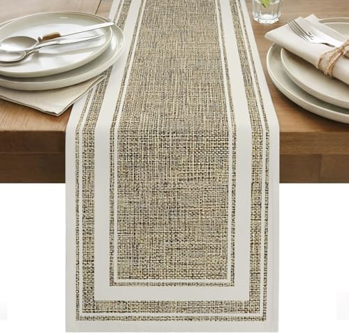 White Double Border Table Runner, Farmhouse Linen Woven Texture Beige