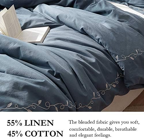 BISELINA French Linen Duvet Cover Set 3pcs Embroidered Willow Leaf 55%