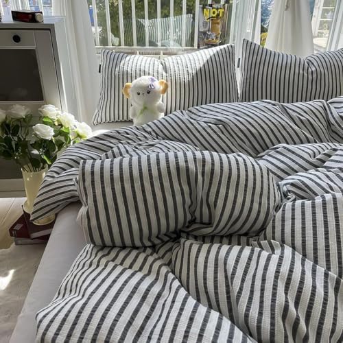 Striped Cotton Bedding Set 4 Pieces,Soft Duvet Cover with Zipper,Flat