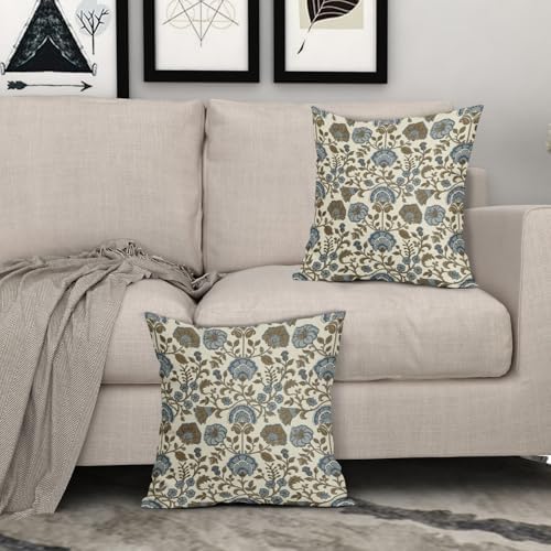 Brown Blue Floral Pillow Covers 22x22 Set of 2, Block Print Vintage