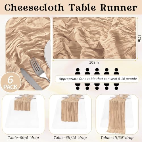 6 Pack Beige Table Runners 17x108 Inch Cheesecloth Table Runner Boho