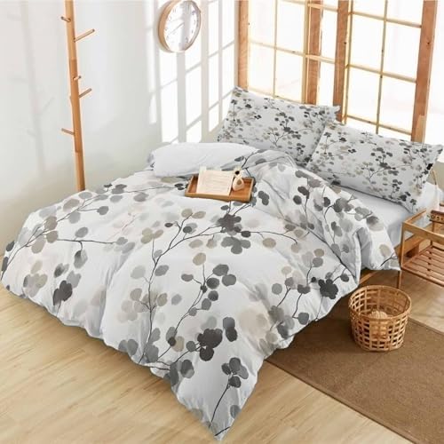 Duvet Cover Set Full, Gray Brown Botanical Watercolor 3 Piece Bedding