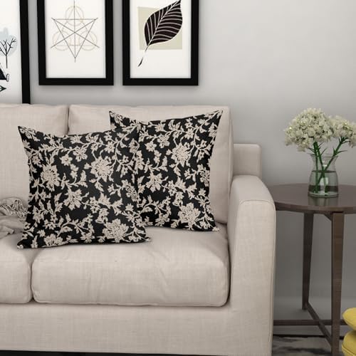 Black Floral Pillow Covers 20x20 Set of 2 Brown Cream Vintage Flower
