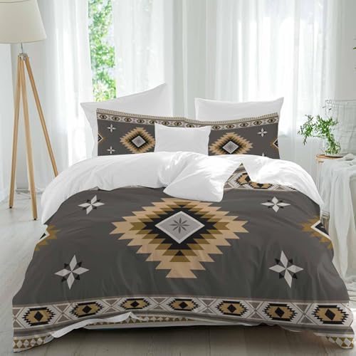 Gray Brown Boho Duvet Cover Set Full Size,Vintage Farmhouse Abstract
