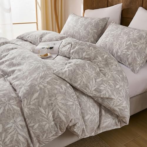 Herside King Duvet Cover Set,100% Cotton Double Gauze,Gray Botanical