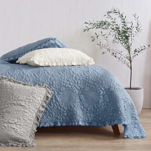 HORIMOTE HOME Blue Ruffled Quilt King Size, Stone-Washed Microfiber