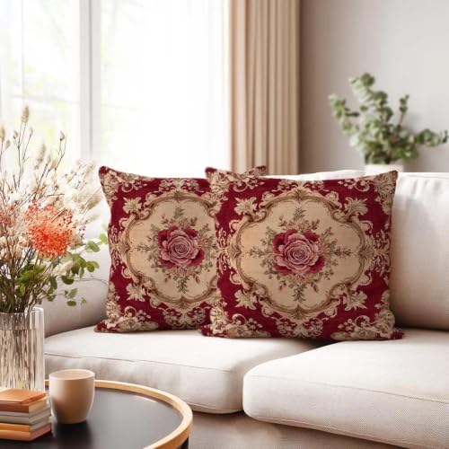 Burgundy Rose Throw Pillow Covers 18x18 Set of 2, Baroque Floral