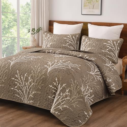 DJY Brown Quilt Set King Size Branch Botanical Bedspread Coverlet Set