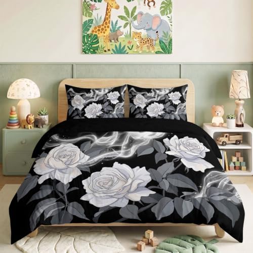 King Duvet Cover Set Plant White Rose Leaves Soft Microfiber